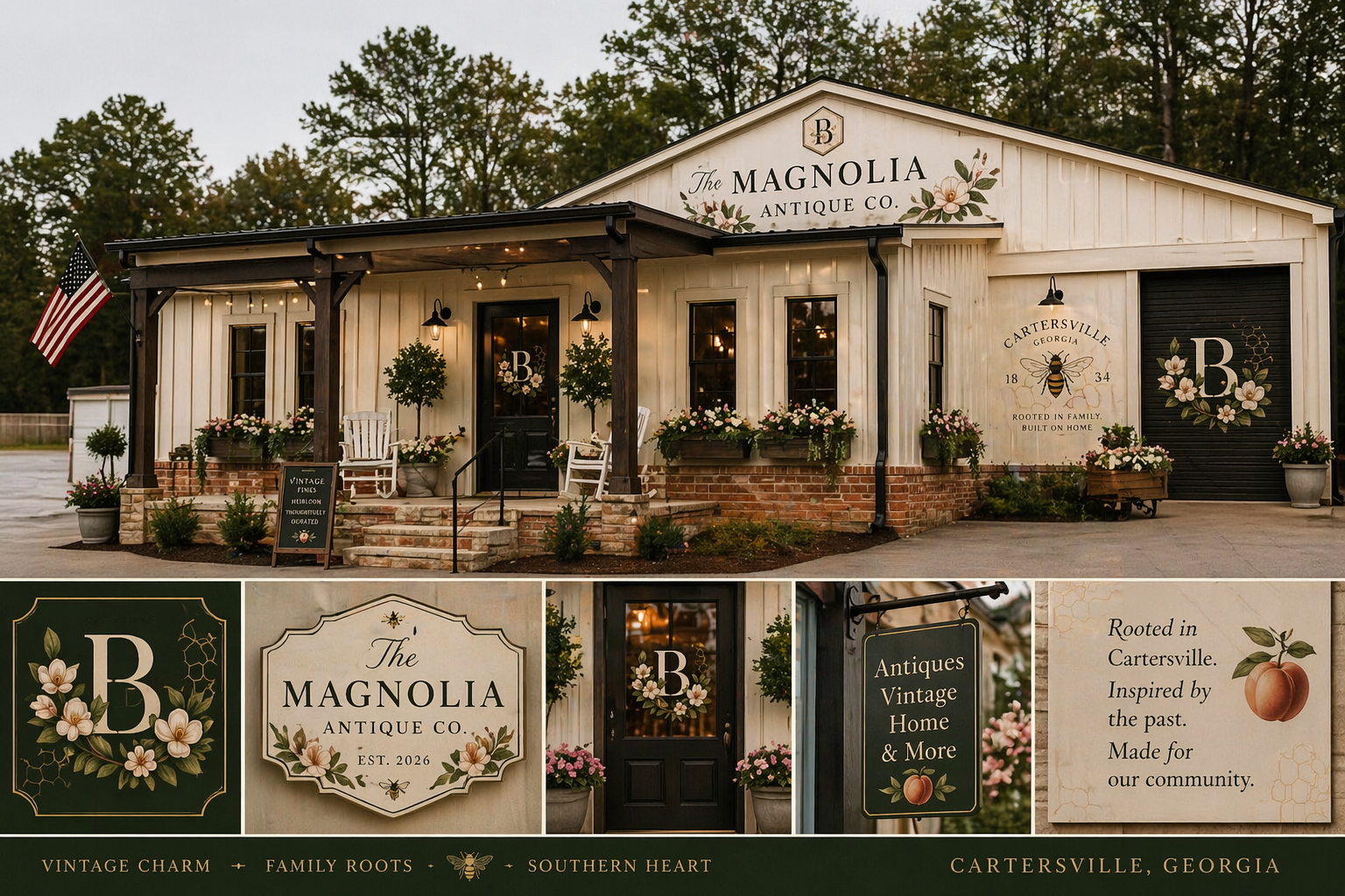 Style inspiration moodboard for the Magnolia Antique Co. storefront